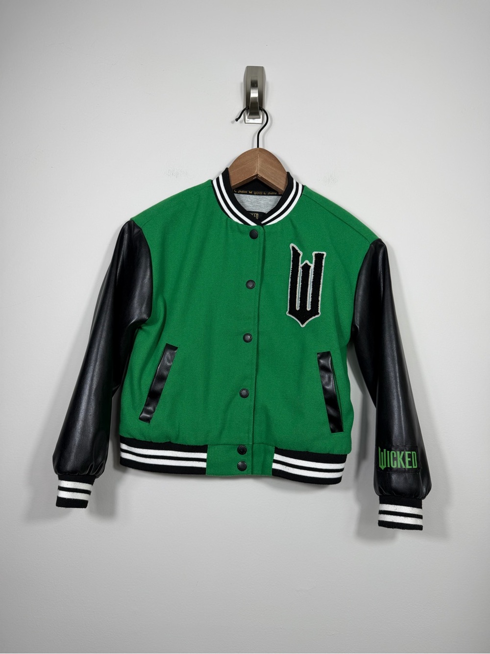 Wicked x Justice Girls Small 7/8 Varsity Jacket Green Black Elphaba